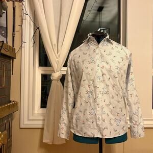 Womens Size 10 Lands' End White Botanical Button Up Shirt W/ Dots